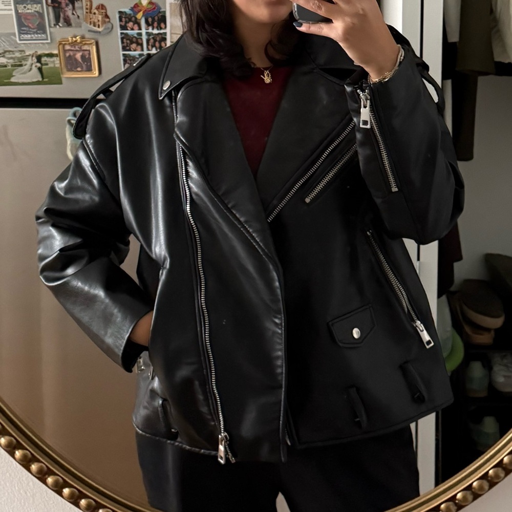 Zara Black Leather oversized Biker Jacket